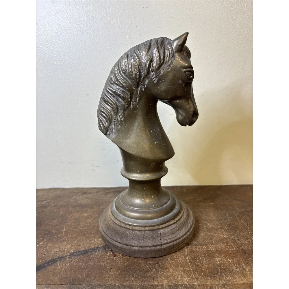 Brass Horse Head Figurine Bust Sculpture Display on Wood Base - AS IS